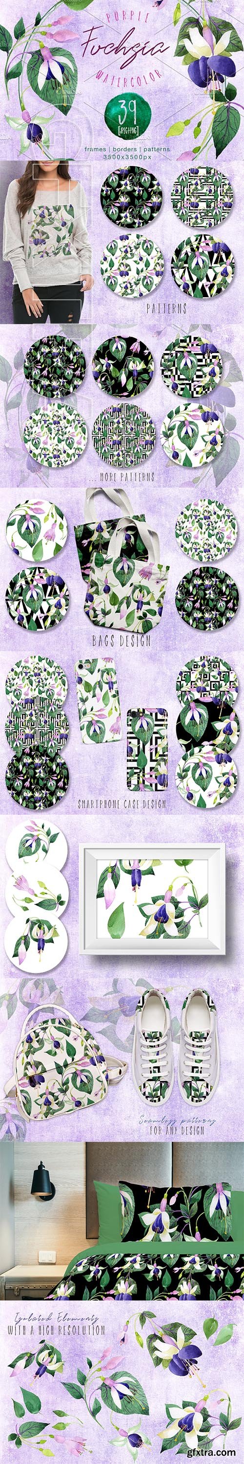 CreativeMarket - Purple fuchsia PNG watercolor set 2582348