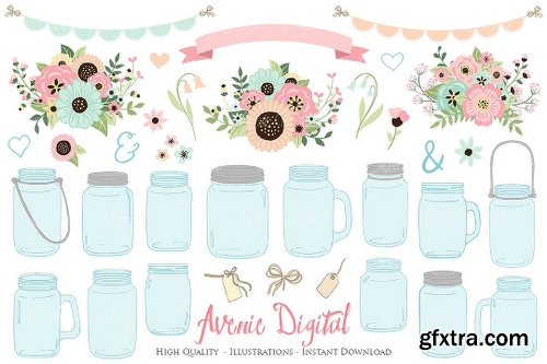 CreativeMarket Pink and Mint Floral Mason Jars 1846706