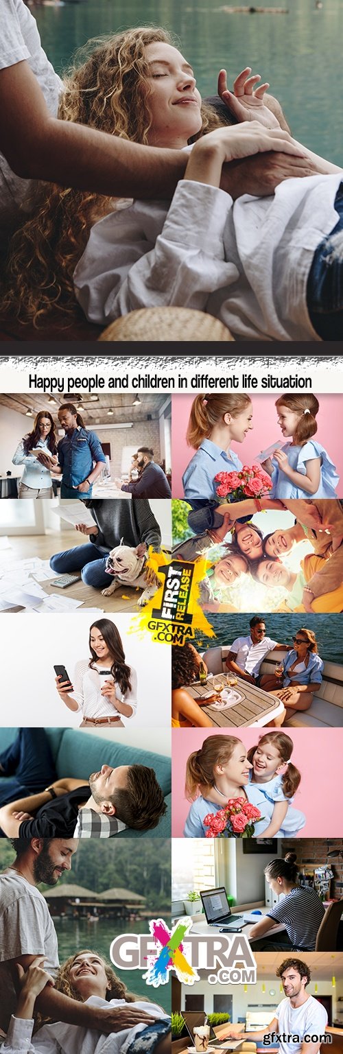 Happy people and children in different life situation