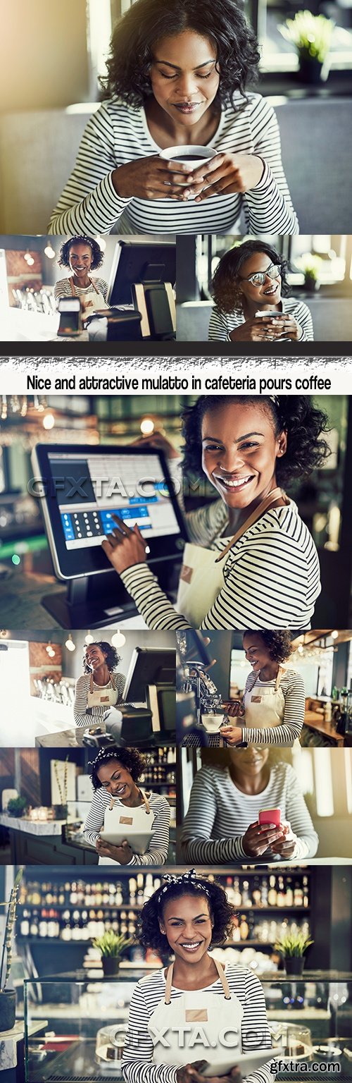 Nice and attractive mulatto in cafeteria pours coffee