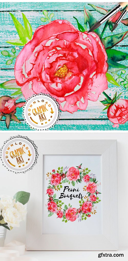 CM - Watercolor Clipart; Peony Wreath 2391855