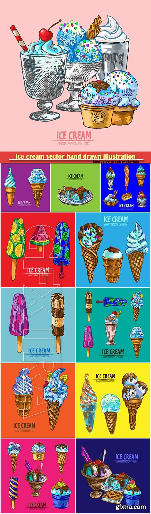 Ice cream vector hand drawn retro illustration collection set