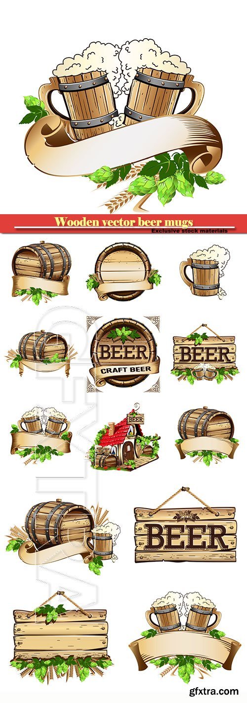 Wooden vector beer mugs and beer barrel still life