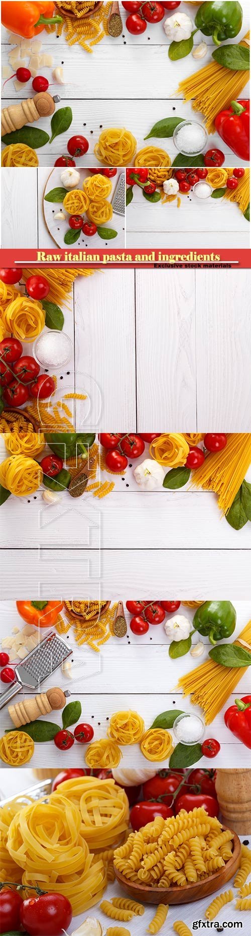 Raw italian pasta and ingredients composition on white wooden board