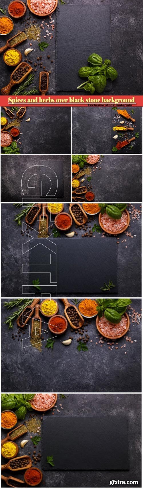 Spices and herbs over black stone background, top view with free space for menu or recipes