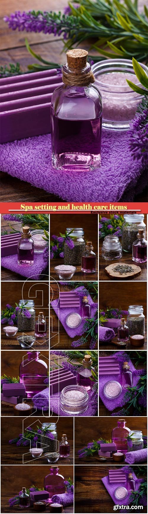 Spa setting and health care items, lavender handmade soap, body oil, bath salt, towel, on wooden board