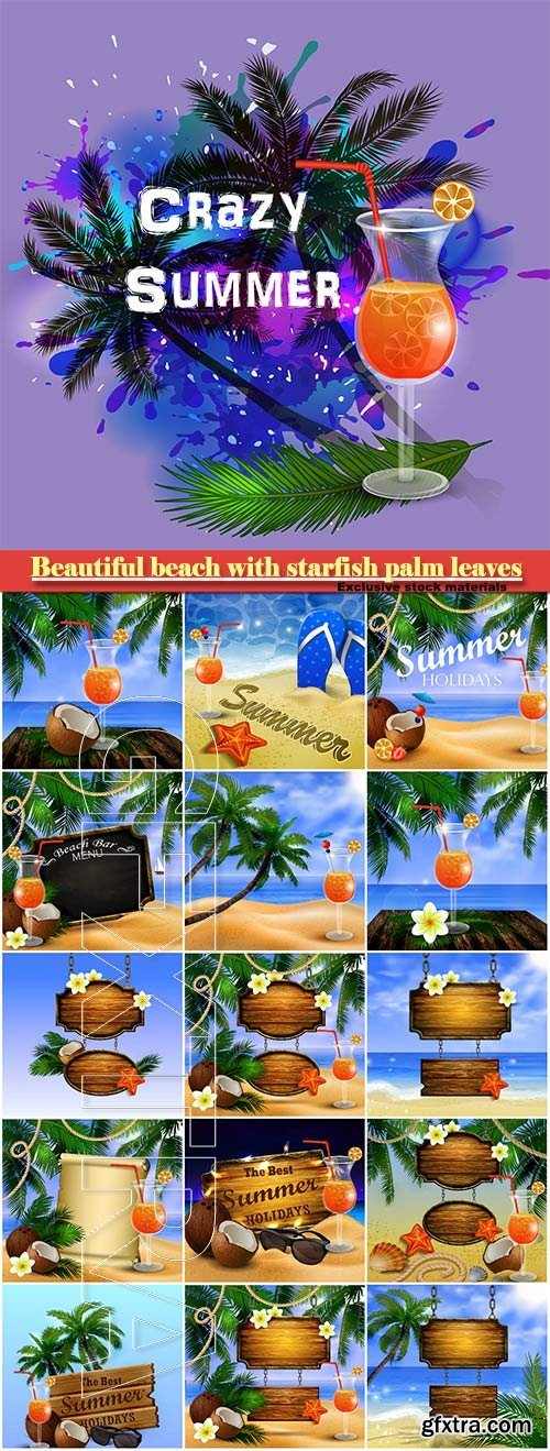 Beautiful beach with starfish palm leaves rope and wooden boards on chain and glass of beverage vector illustration