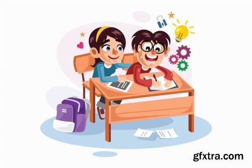 Students In the Library Vector Illustration