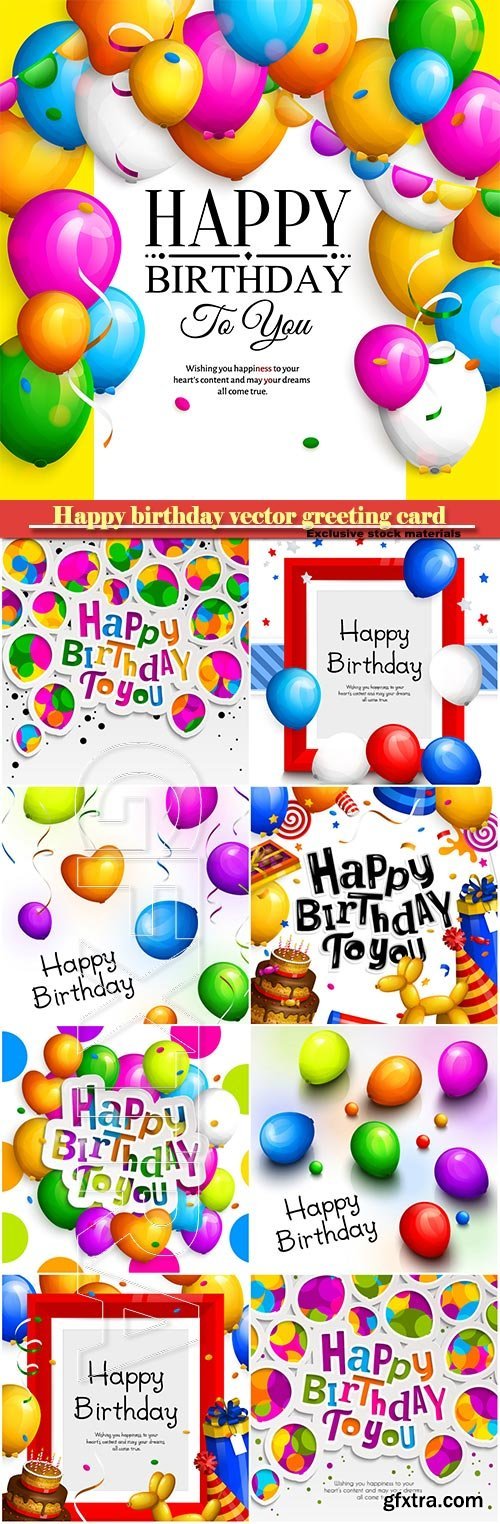 Happy birthday vector greeting card, party colorful balloons and confetti
