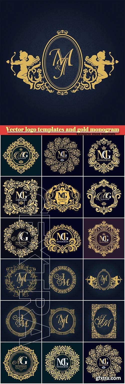 Vector logo templates and gold monogram, decorative frame