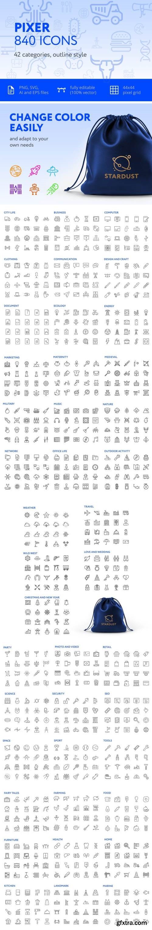 Pixer — 840 outline icons