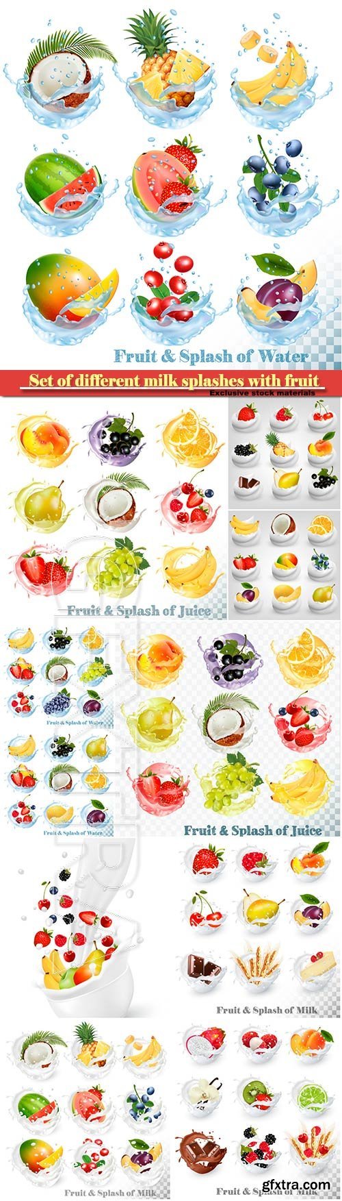 Set of different milk splashes with fruit, nuts and berries, strawberry, raspberry, blackberry, apricot, blueberry, lime, kiwi, vanilla, dragonfruit