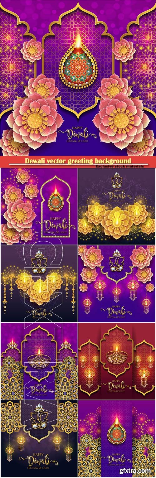 Dewali vector greeting background with flowers and lamps