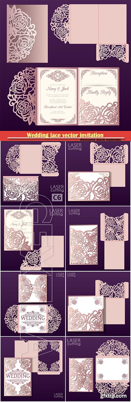 Wedding lace vector invitation mockup, die laser cut envelope template with rose flower