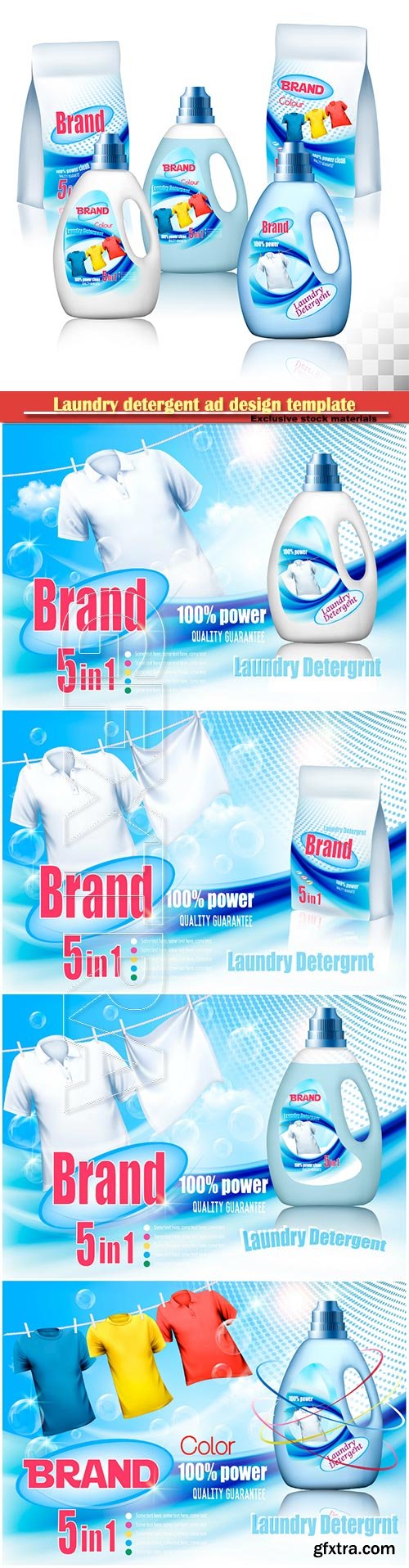 Laundry detergent ad design template, plastic bottle and colorful shirts on rope