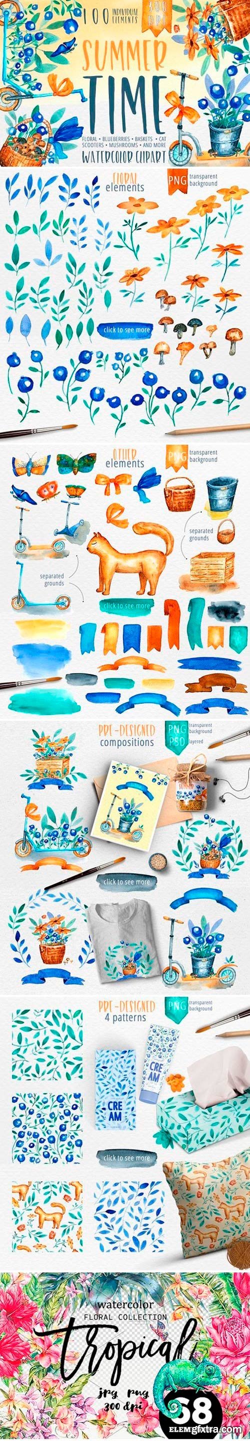 Summer Time, Tropical Flowers Collection - watercolor clipart bundle