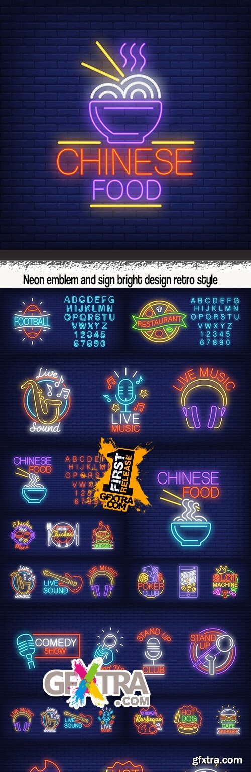 Neon emblem and sign bright design retro style