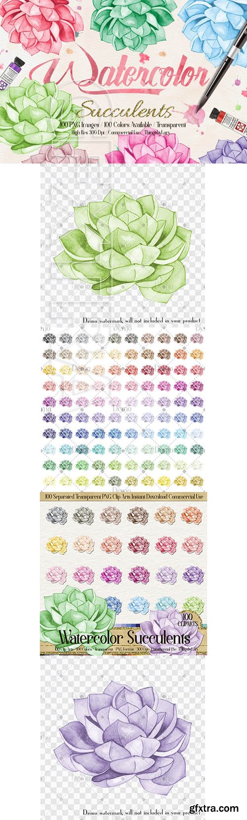 100 Hand Painted Watercolor Succulent Clip Arts