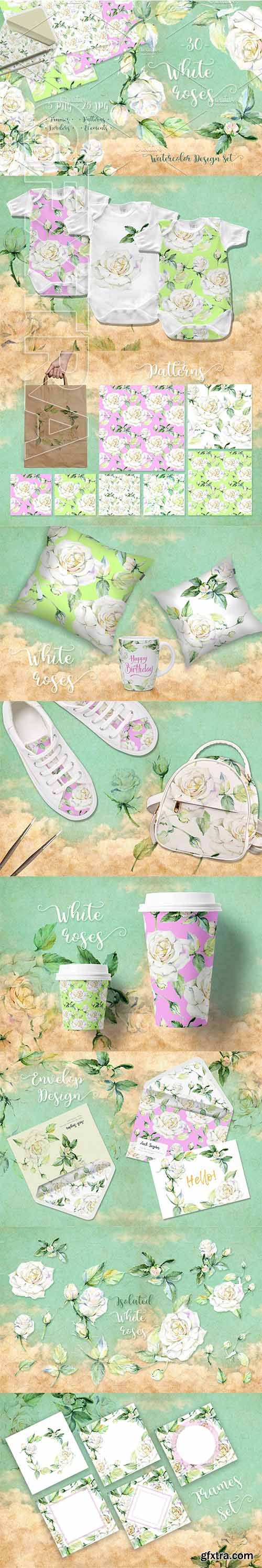 Delicate white roses PNG watercolor set