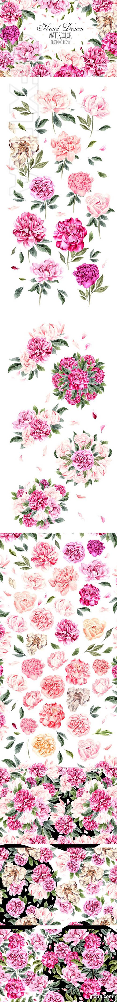 CreativeMarket - Hand Drawn Watercolor Blooming Peony 2683465