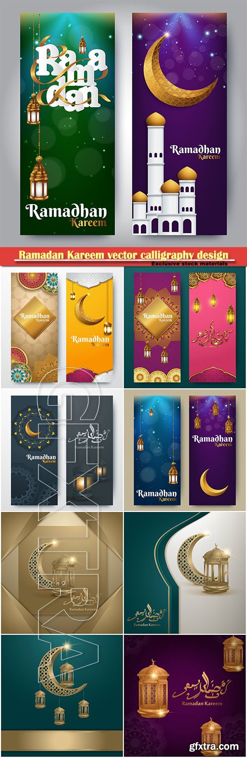 Ramadan Kareem vector calligraphy design with decorative floral pattern, mosque silhouette, crescent and glittering islamic background # 35