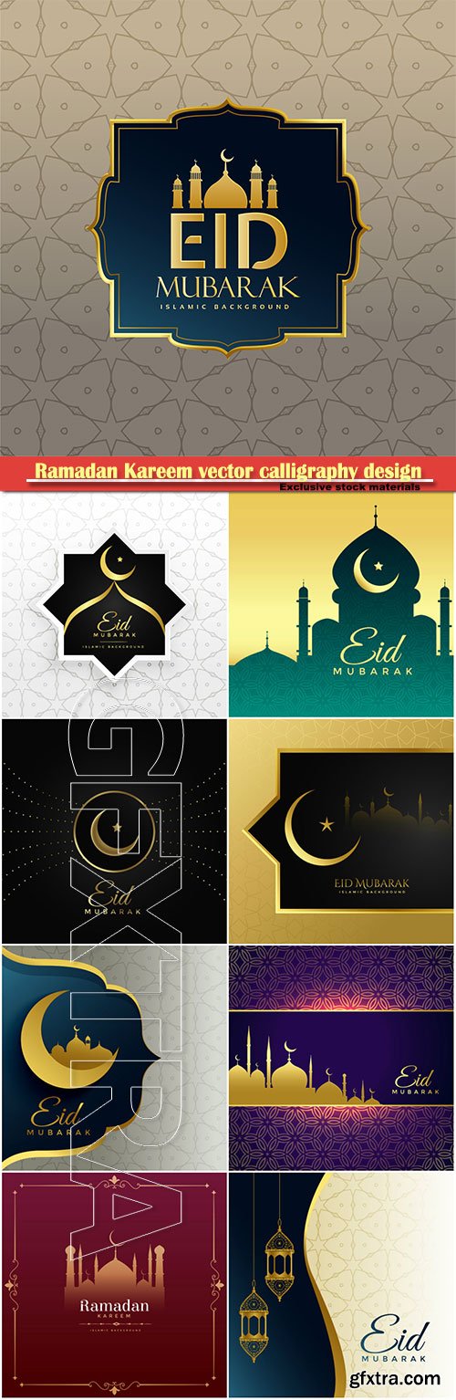 Ramadan Kareem vector calligraphy design with decorative floral pattern, mosque silhouette, crescent and glittering islamic background # 37