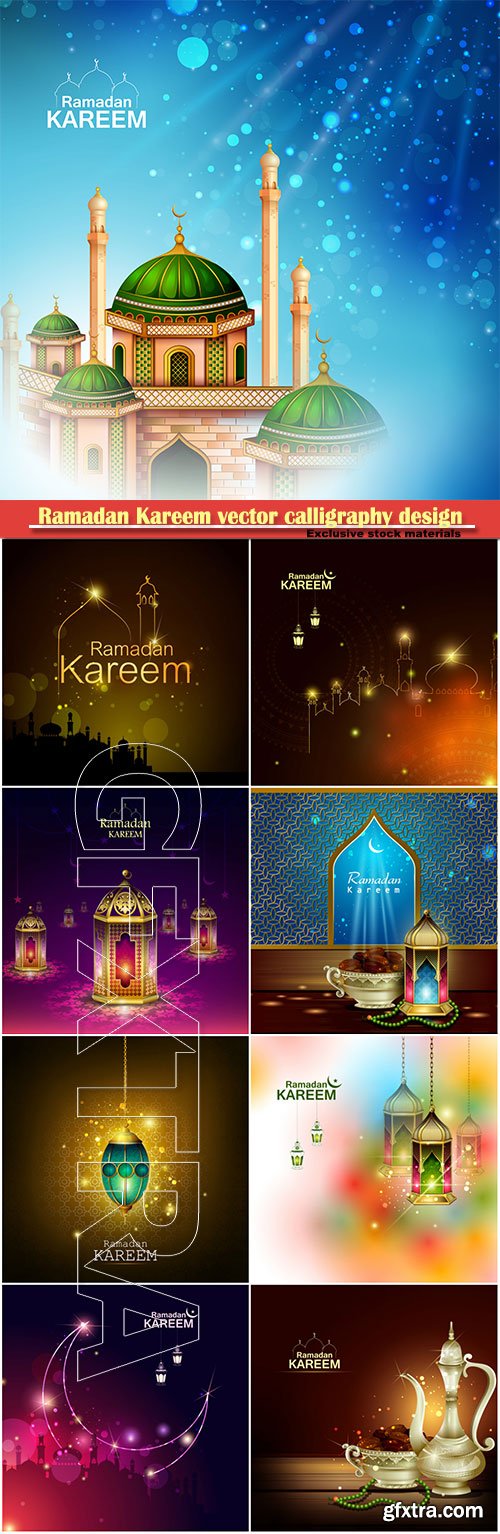 Ramadan Kareem vector calligraphy design with decorative floral pattern, mosque silhouette, crescent and glittering islamic background # 42