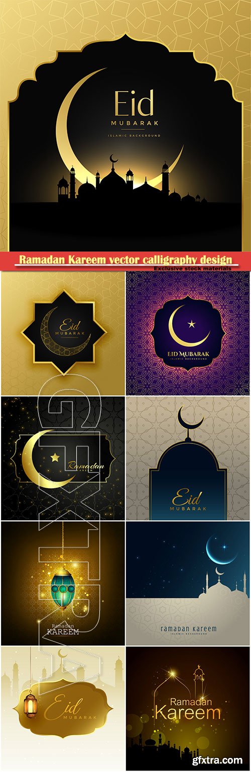 Ramadan Kareem vector calligraphy design with decorative floral pattern, mosque silhouette, crescent and glittering islamic background # 41