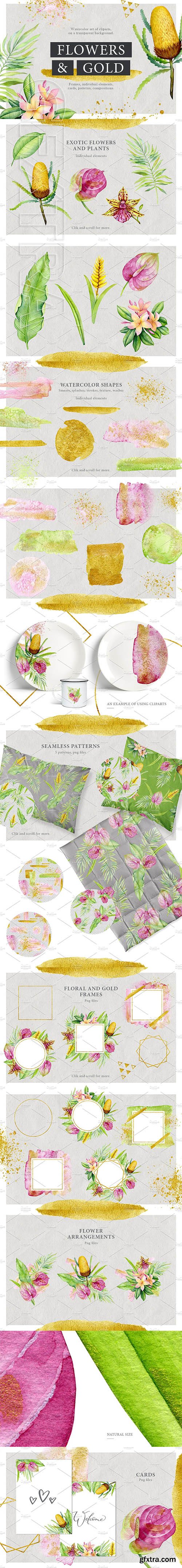 CreativeMarket - Watercolor stains & tropical flowers 2580670