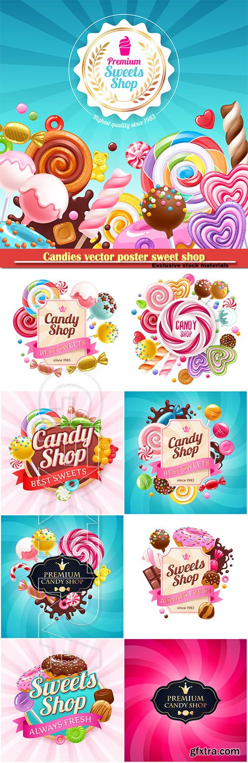 Candies vector poster sweet shop, background with sweets - lollipops, cake pops, spiral candy, chocolate bar and donuts on shine background