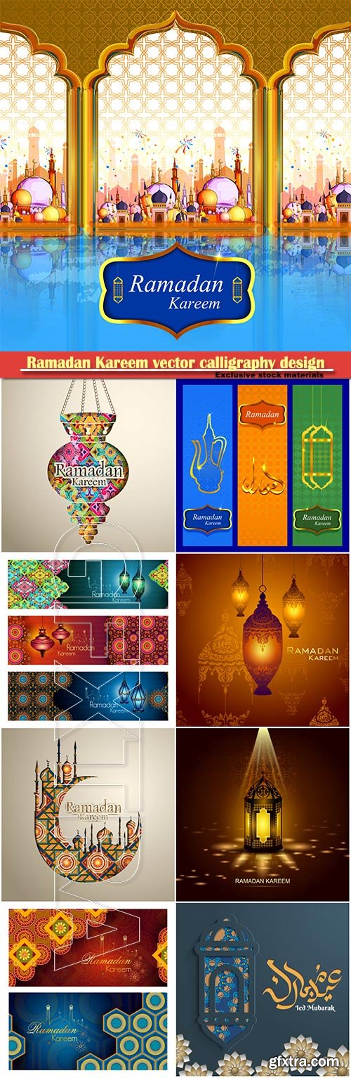 Ramadan Kareem vector calligraphy design with decorative floral pattern, mosque silhouette, crescent and glittering islamic background # 48