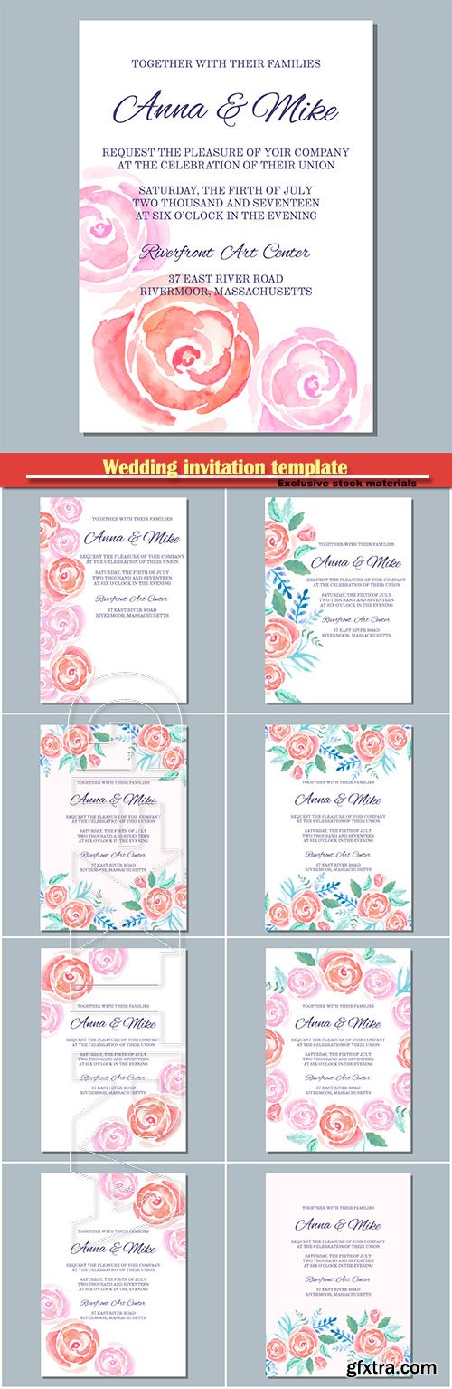 Wedding invitation template with watercolor roses, watercolor gentle background for invitations and greeting cards