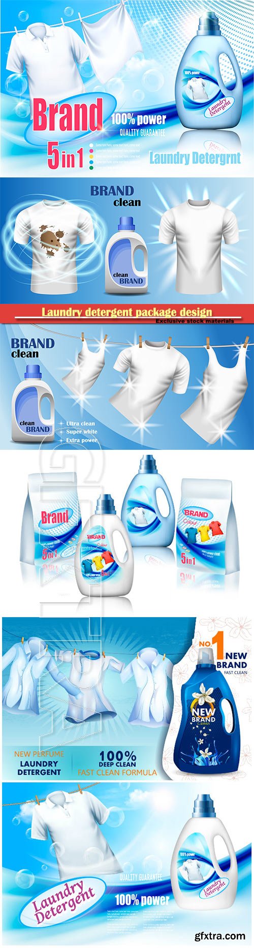 Laundry detergent package design, vector set of container bottles with label and bags