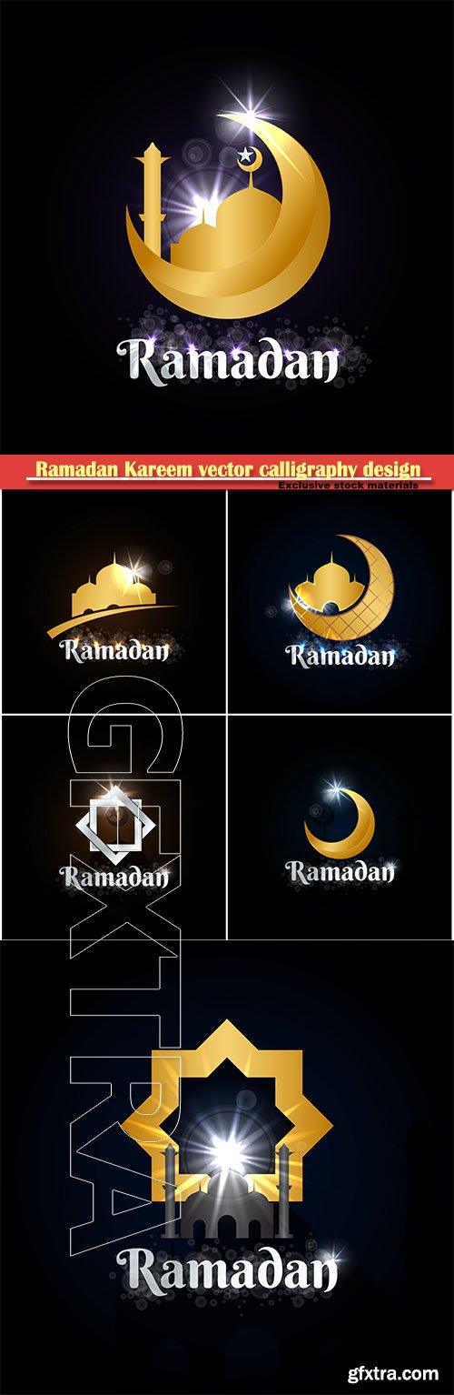 Ramadan Kareem vector calligraphy design with decorative floral pattern, mosque silhouette, crescent and glittering islamic background # 51