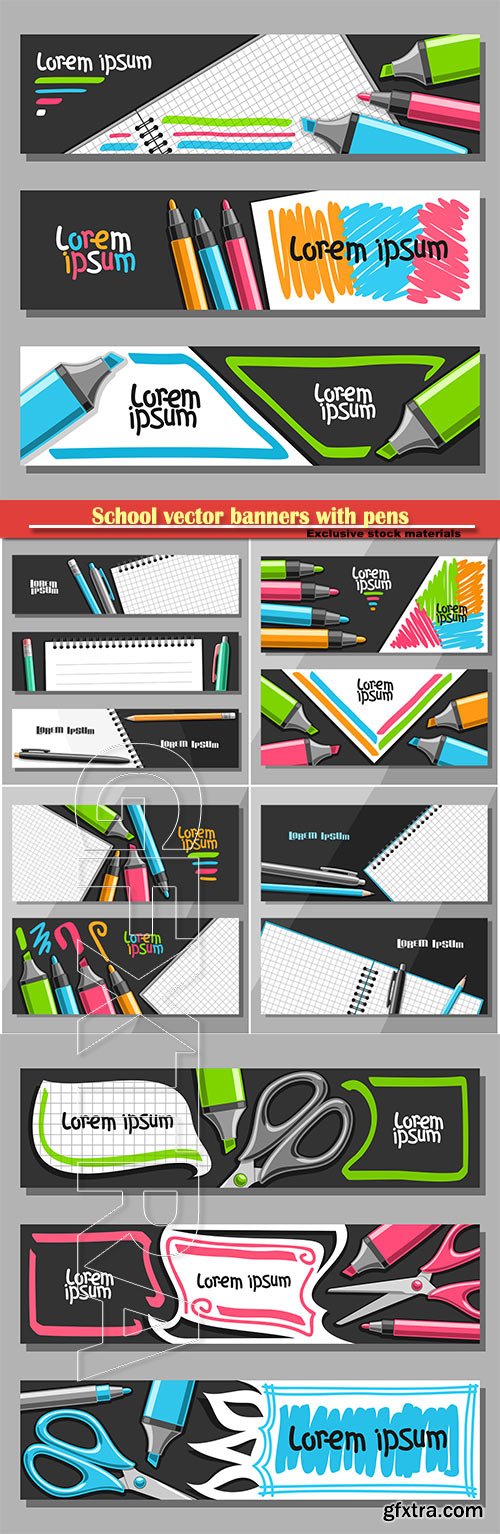 School vector banners with pens, pencils and scissors