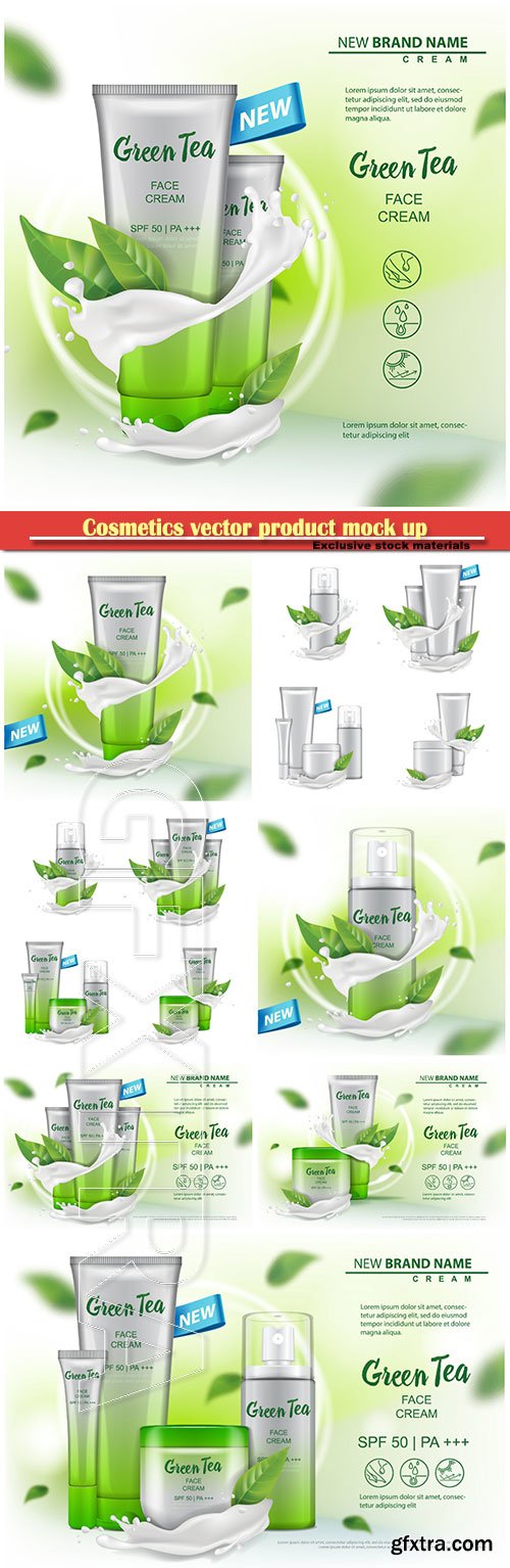 Cosmetics vector product mock up with green tea extract advertising for catalog, magazine, cream, gel, body lotion, spray