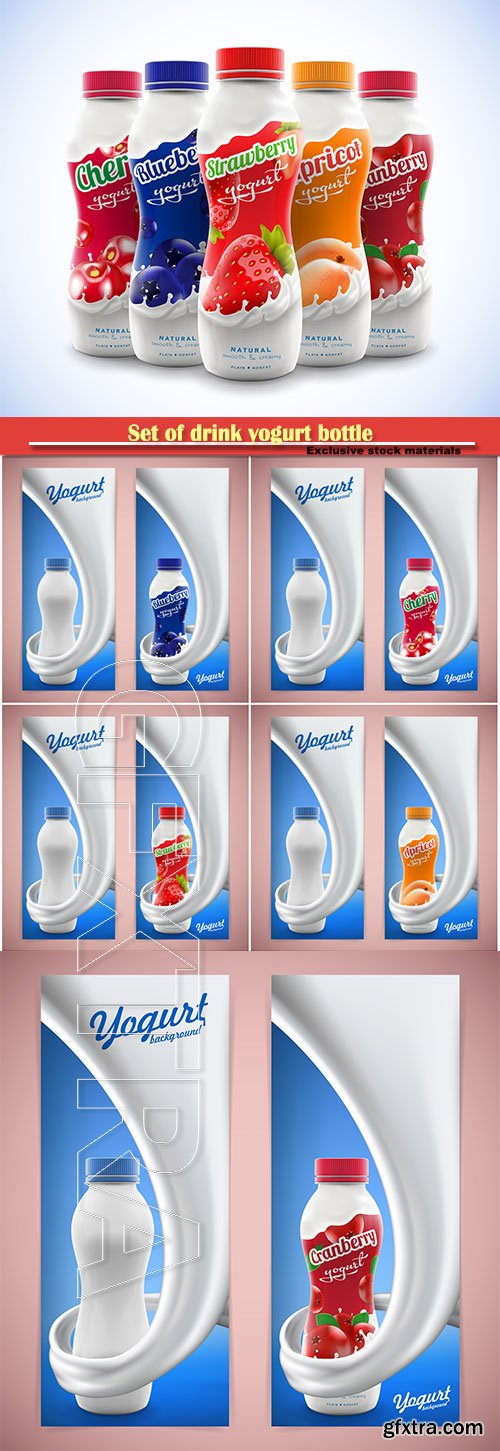 Set of drink yogurt bottle with fruit and berry flavor, vector advertising mock-up illustration