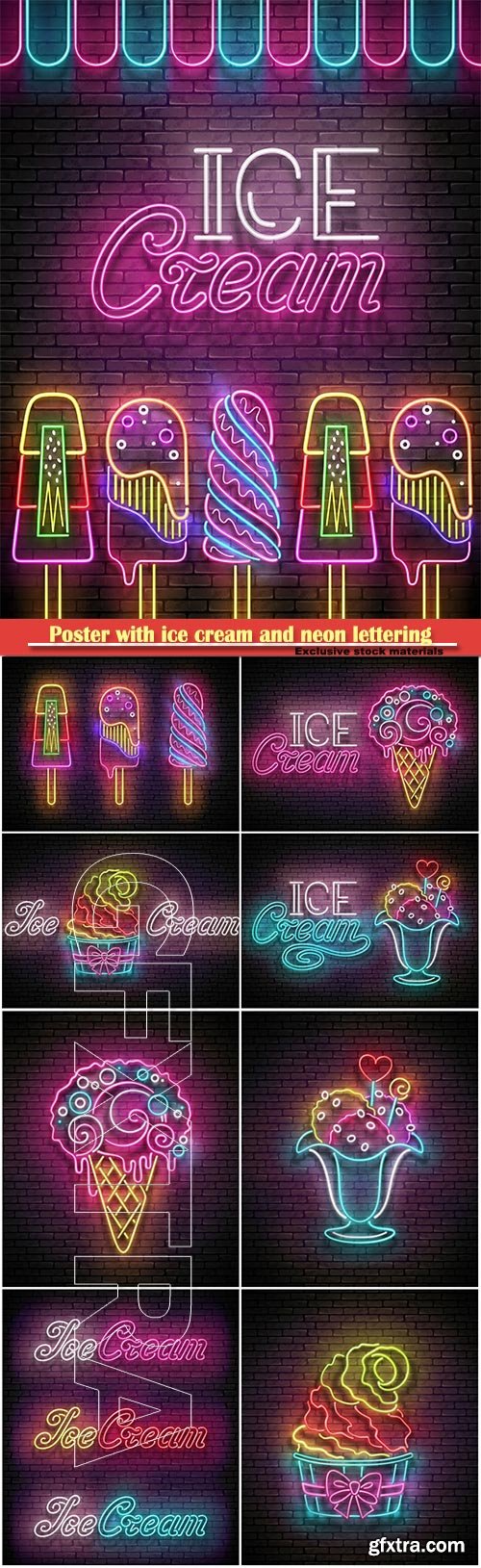 Poster with ice cream and neon lettering, vector 3d illustrator