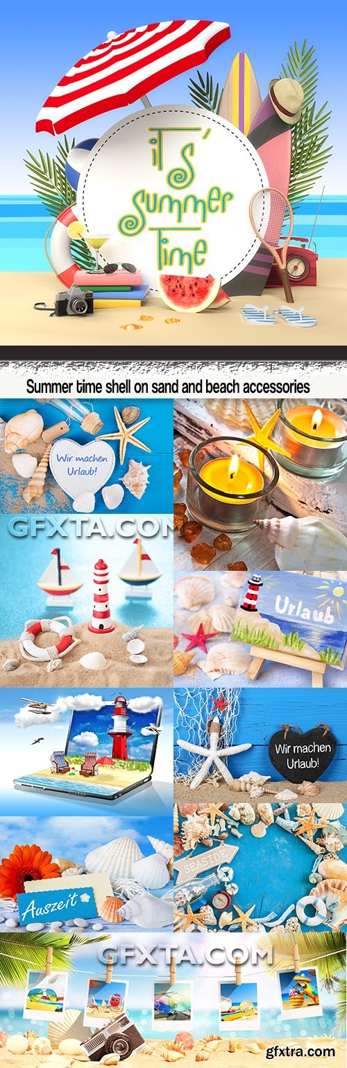 Summer time shell on sand and beach accessories