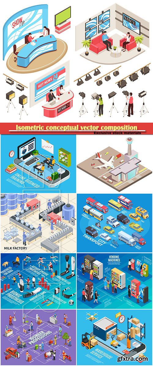 Isometric conceptual vector composition, infographics template, horizontal banners set # 16