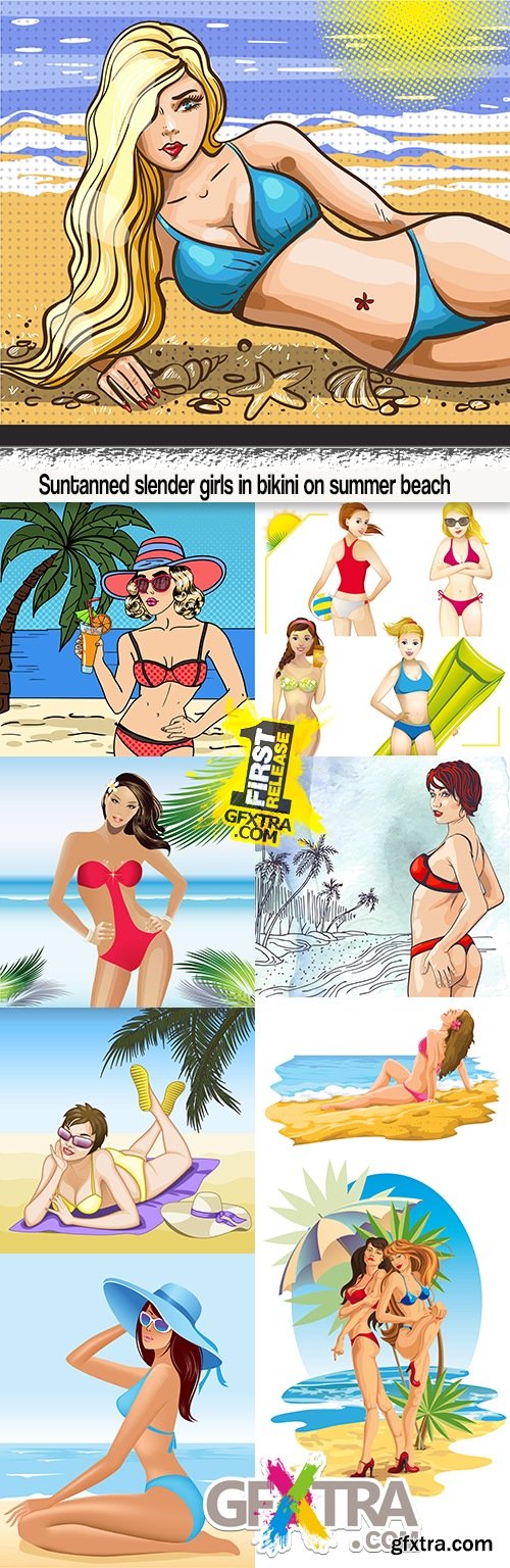Suntanned slender girls in bikini on summer beach