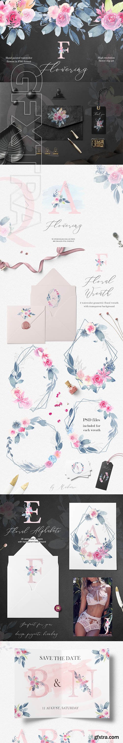 Flowering watercolor graphic set