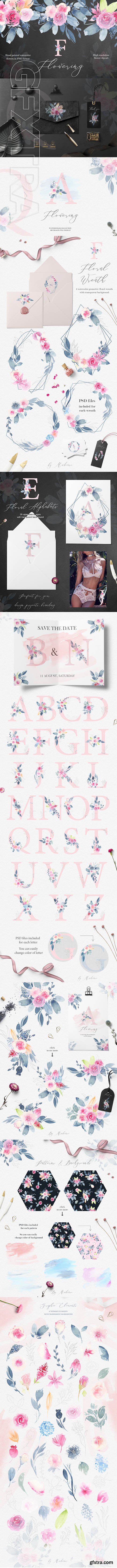 Flowering watercolor graphic set