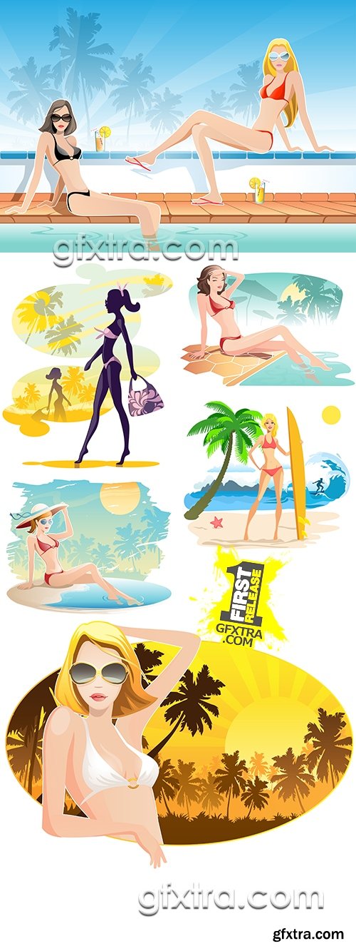 Girls in bikini on solar summer beach and rest