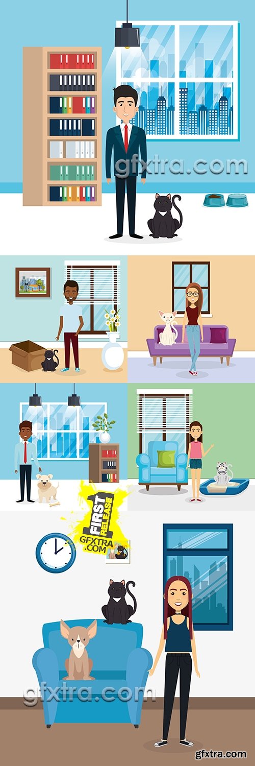 People and pets in room interior vector illustrations