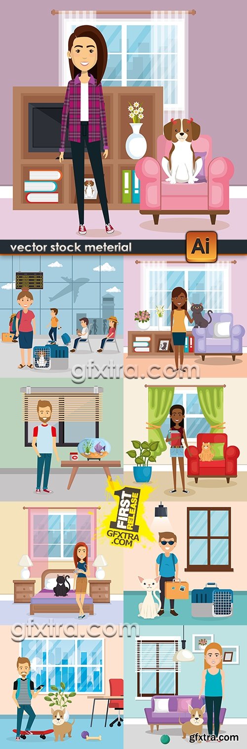 People and pets in room interior vector illustrations