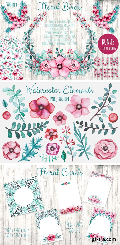 Fontbundles - Watercolor Flowers and Birds Set 14323