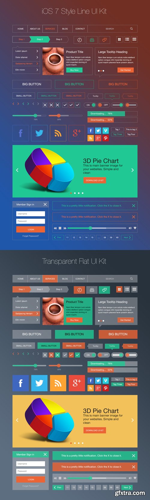 iOS 7 Style Line & Transparent Flat UI Kit PSD Templates