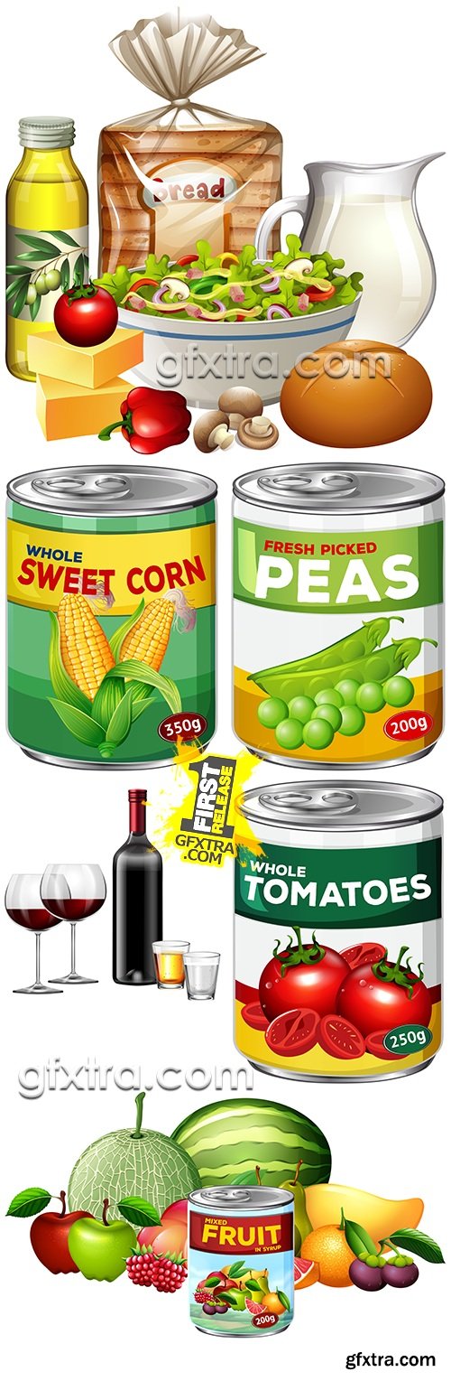 Tinned vegetables and bottle wine with cheese and fruit