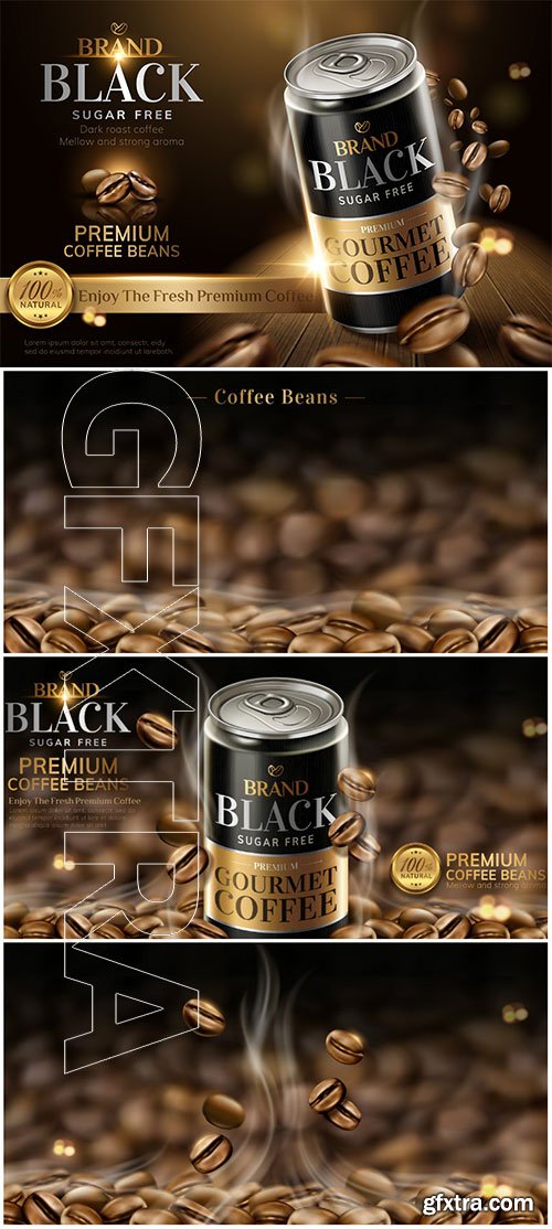 Premium black canned coffee ads with beans background in 3d illustration